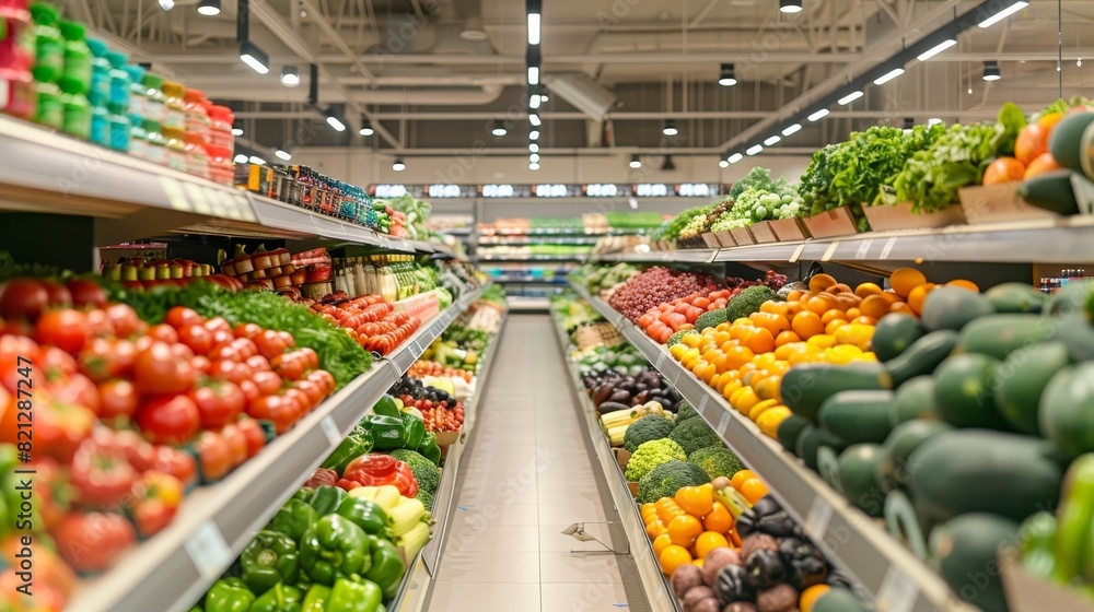 Wide view of a vibrant grocery store produce aisle with assorted fresh fruits and vegetables on display. Wide view of a vibrant grocery store produce aisle with assorted fresh fruits and vegetables on display.