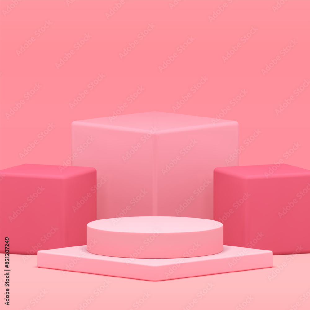 Pink 3d podium pedestal mock up for feminine cosmetic product show realistic vector illustration Pink 3d podium pedestal mock up for feminine cosmetic product show realistic vector illustration