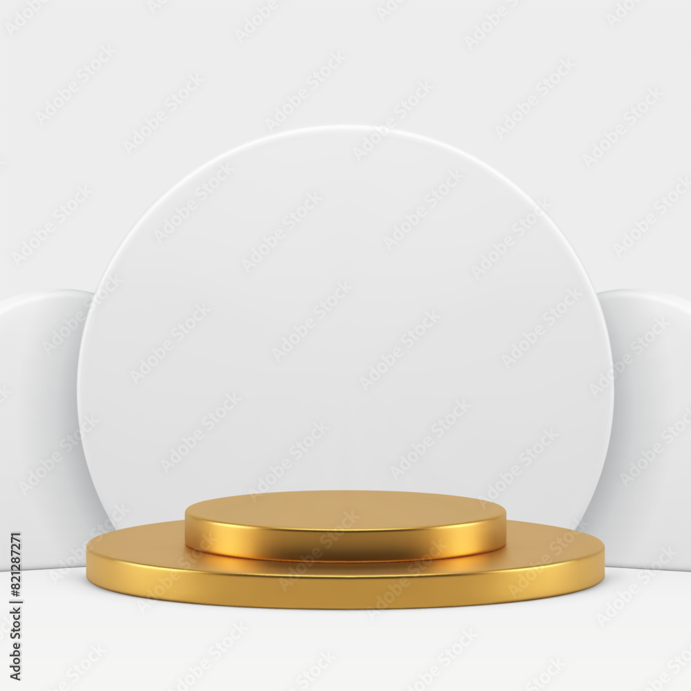 Cylinder golden 3d podium pedestal with white round wall background showcase realistic vector Cylinder golden 3d podium pedestal with white round wall background showcase realistic vector