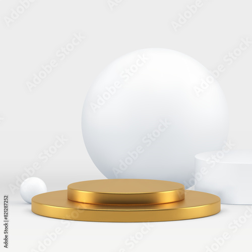 Luxury 3d golden cylinder podium pedestal with white sphere background realistic vector