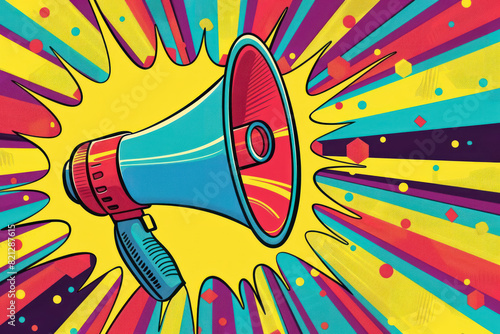 vibrant pop art style megaphone with dynamic rays in bright colors