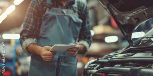 A mechanic in overalls holding a clipboard while inspecting or working on a car in an auto repair shop
