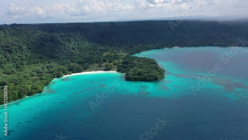 Drone video of green shore near turquoise sea under blue clouds. Tropical paradise. Sanma, Vanuatu.