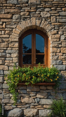 A window with a wooden frame and a flower pot in front of it