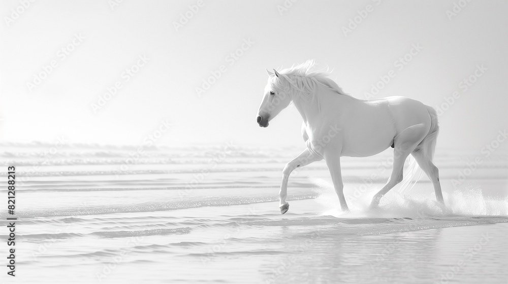 White horse galloping on beach with ocean in background White horse galloping on beach with ocean in background