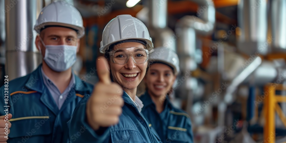 A group of industrial workers with hard hats and masks give thumbs up, indicating teamwork and approval in a factory setting