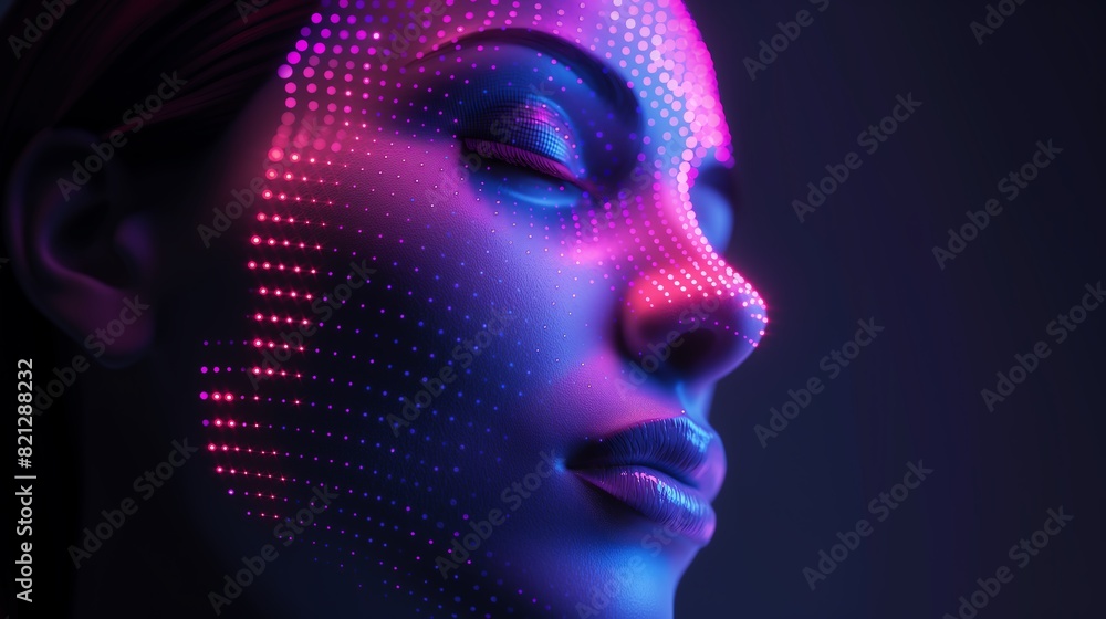 3D Beauty Mask on Human Face with Holographic Effect, Side View, Ambient Lighting. 3D Beauty Mask on Human Face with Holographic Effect, Side View, Ambient Lighting.