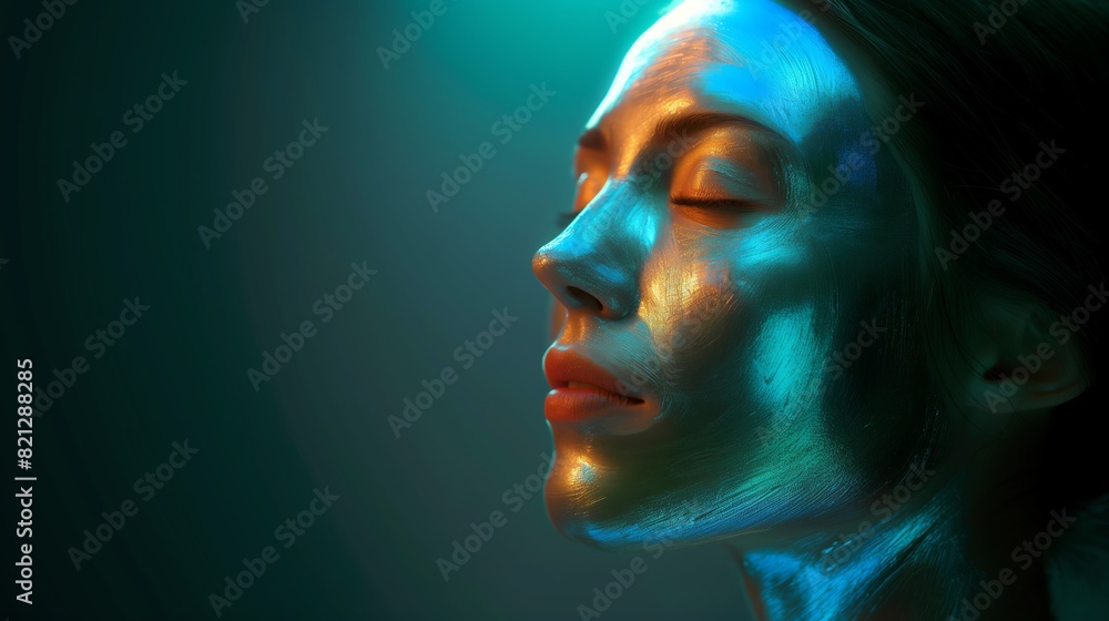 3D Beauty Mask on Human Face with Holographic Effect, Side View, Ambient Lighting. 3D Beauty Mask on Human Face with Holographic Effect, Side View, Ambient Lighting.