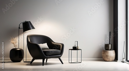 modern black armchair and lamp against solid white wall photo