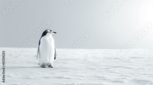 Penguin standing alone in middle vast white snowscape