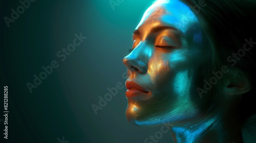 3D Beauty Mask on Human Face with Holographic Effect, Side View, Ambient Lighting. © Nene