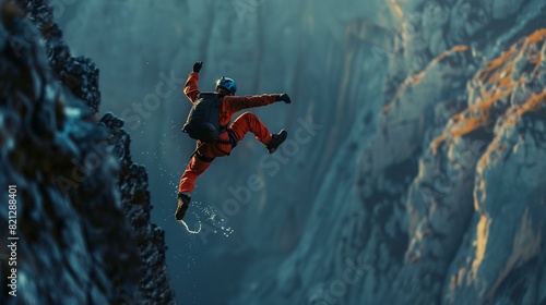 BASE jumping, man in red jumpsuit base jumping off cliff