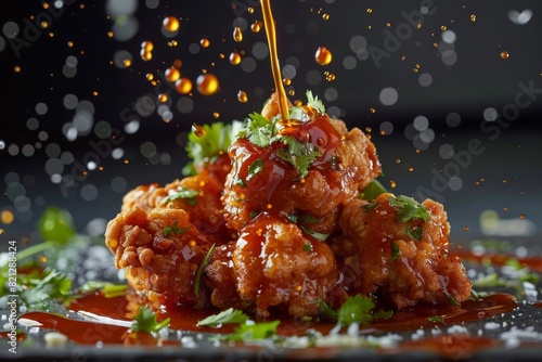 Delectable fine dining. Savoring succulent chicken with gourmet sauce