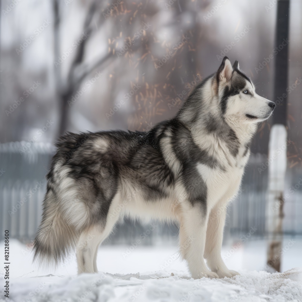 Alaskan malamute, bourne mountain, long dog hair, strong dog, eyes, temperament, generated with ai