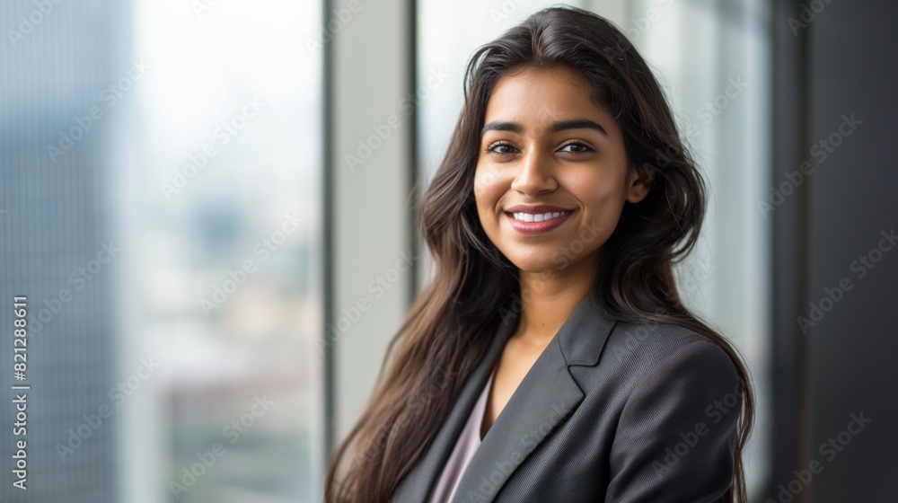 Professional Woman in Business Suit Smiling Confidently in Modern Office Setting, High-Rise Background Professional Woman in Business Suit Smiling Confidently in Modern Office Setting, High-Rise Background