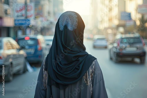 Middle Eastern Muslim woman wearing a niqab, walking through the streets of a Middle Eastern city, capturing the cultural and religious diversity photo