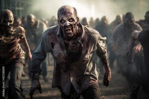 Zombies. Crowd of zombies in a post-apocalyptic city zombie attack going forward. A zombie horde in the destroyed ruins of a city after a zombie apocalypse outbreak. 3d illustration. Halloween concept