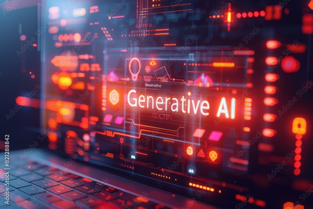 A dynamic, holographic interface showcasing advanced generative AI concepts on a glowing screen, set against a vibrant, detailed digital background. A dynamic, holographic interface showcasing advanced generative AI concepts on a glowing screen, set against a vibrant, detailed digital background.