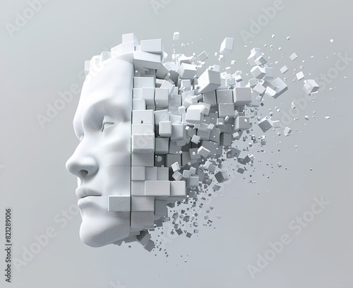 A face is shown with a lot of blocks scattered around it. Concept of chaos and destruction
