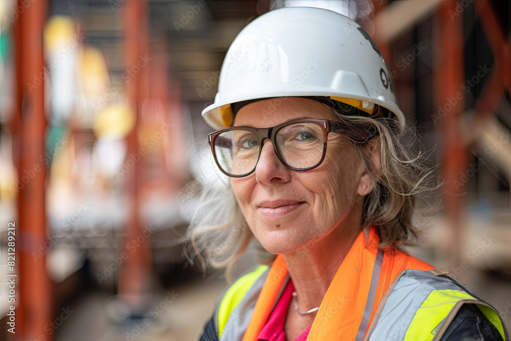 Smiling middle-aged or older woman working in the construction industry, wearing a hard hat and safety vest, exuding confidence and pride in her work Smiling middle-aged or older woman working in the construction industry, wearing a hard hat and safety vest, exuding confidence and pride in her work