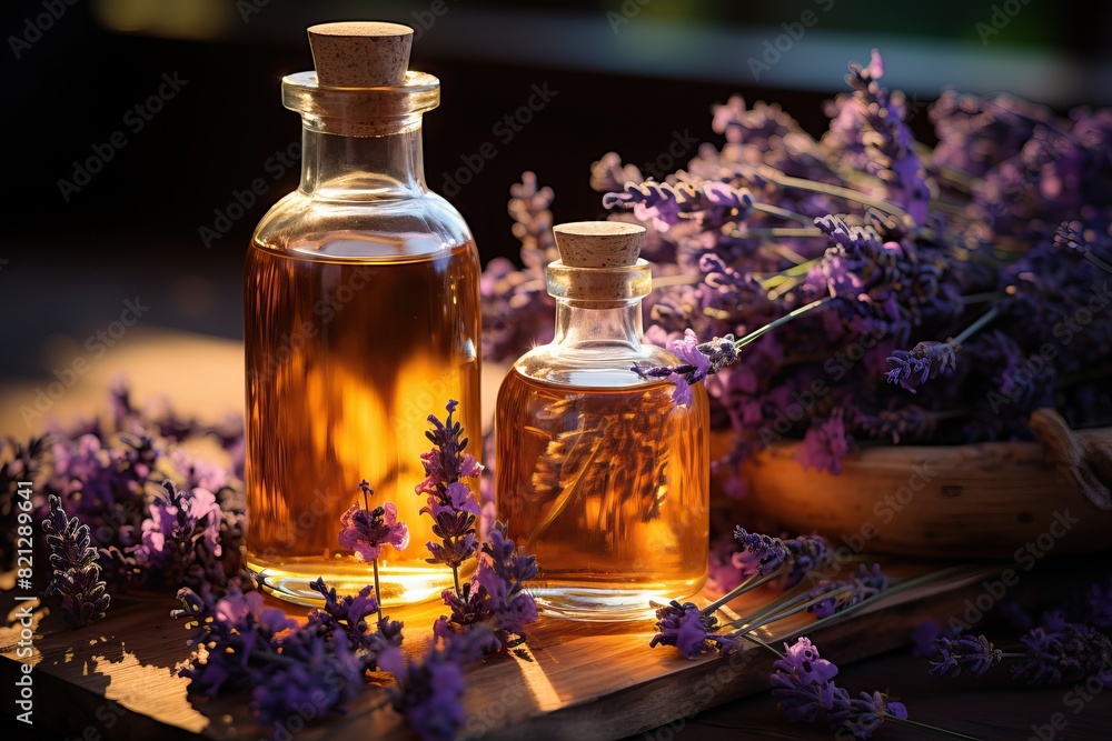 Lavender aroma oil in a glass jar with fresh lavender flowers. Lavender aroma oil in a glass jar with fresh lavender flowers.