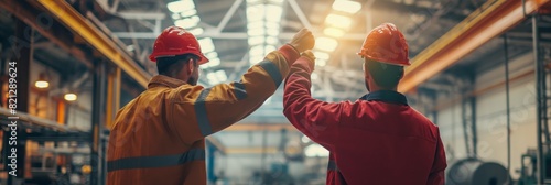 Industrial colleagues in hard hats celebrate teamwork with a high-five in a manufacturing plant