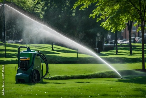 Sprinkler spraying water on green grass.