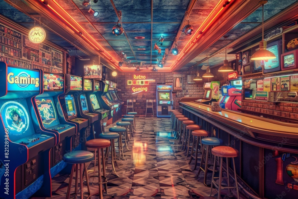 Vibrant neon lights illuminate a retro gaming arcade with classic arcade machines and a cozy bar. Enthusiastic gamers enjoy the nostalgic ambiance. Vibrant neon lights illuminate a retro gaming arcade with classic arcade machines and a cozy bar. Enthusiastic gamers enjoy the nostalgic ambiance.