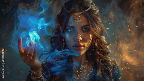 A beautiful magician holds blue flames in her hand, her long hair and gold jewelry flowing. She's a genie from Arabian legends.