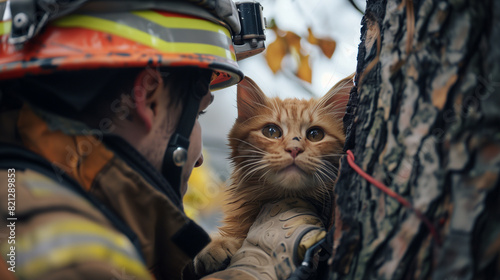 Closeup of a dedicated firefighter gently rescuing a stranded ginger cat from the high branches of a leafy tree photo