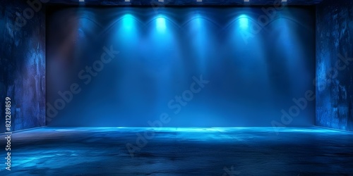 Empty dark blue room with spotlight on concrete floor for dramatic events. Concept Dramatic Lighting, Spotlight, Dark Blue Room, Concrete Floor, Event Setting
