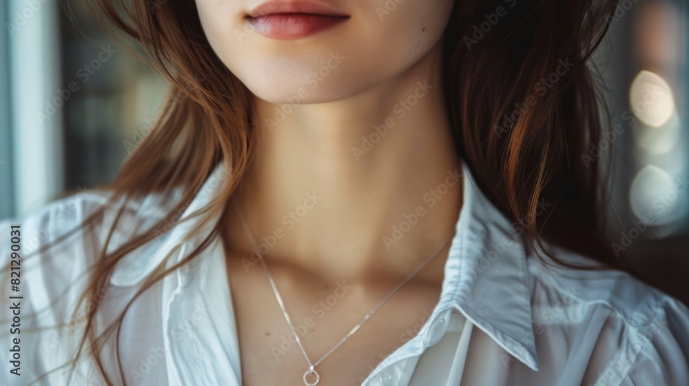 Close up beautiful young woman model in white shirt wearing handmade silver necklace. Generated AI
