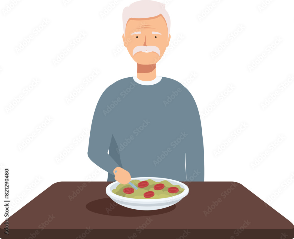 Senior man with a plate of healthy food in front of him, sitting alone at a table Senior man with a plate of healthy food in front of him, sitting alone at a table