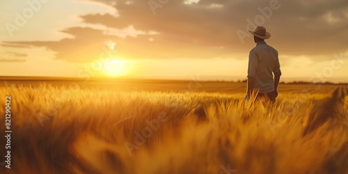 A silhouetted man in a hat stands in a wheat field during golden hour, symbolizing peace and reflection