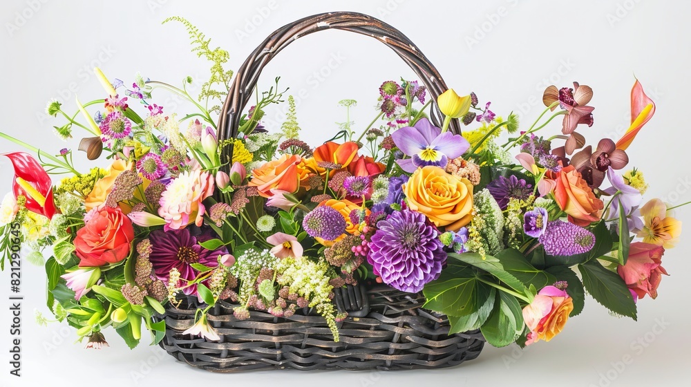 A celebratory basket filled with vibrant flowers and adorned with ribbons A celebratory basket filled with vibrant flowers and adorned with ribbons