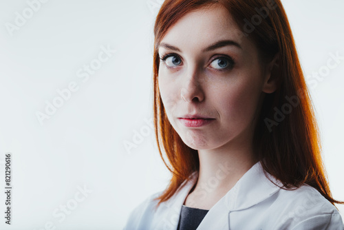 oung woman with auburn hair, wearing a white lab coat, looks tho
