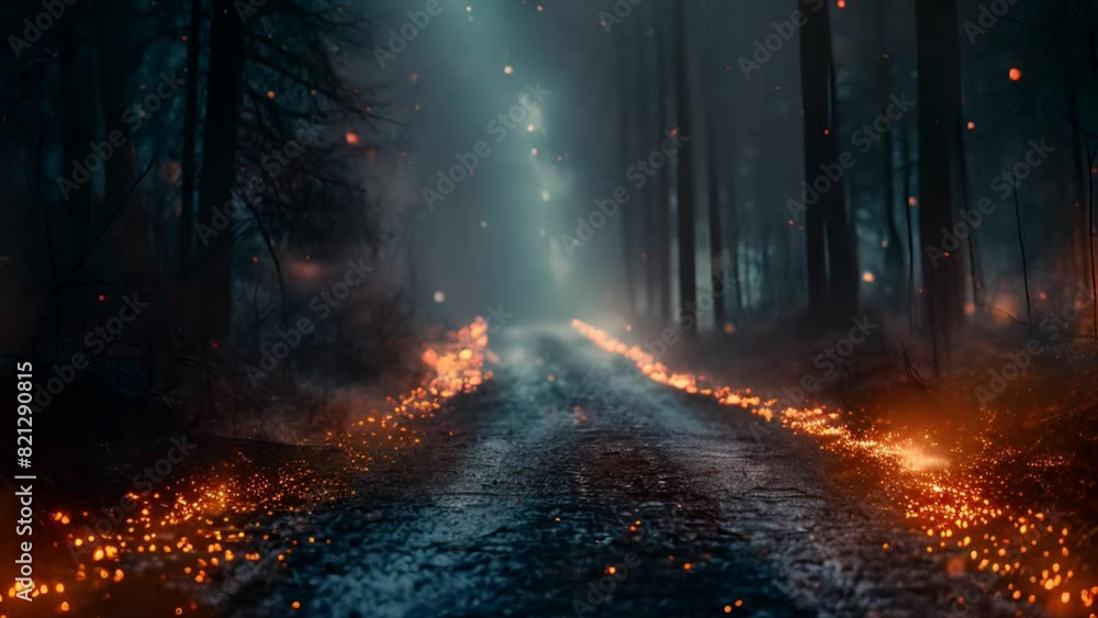 road in the dark magical forest with lights, fire and smoke. road in the dark magical forest with lights, fire and smoke.