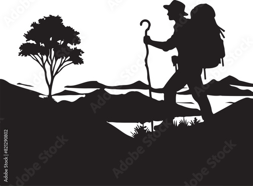 A man is hiking on a mountain ,silhouette vector style and white background.