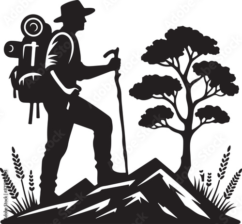 A man is hiking on a mountain ,silhouette vector style and white background.