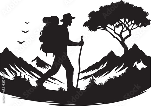 A man is hiking on a mountain ,silhouette vector style and white background.