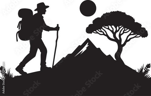 A man is hiking on a mountain ,silhouette vector style and white background.
