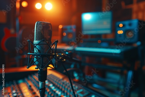 Microphone in recording studio, Professional microphone on stage in the recording studio Microphone and sound equipment recording studio in the background with a microphone AI generated