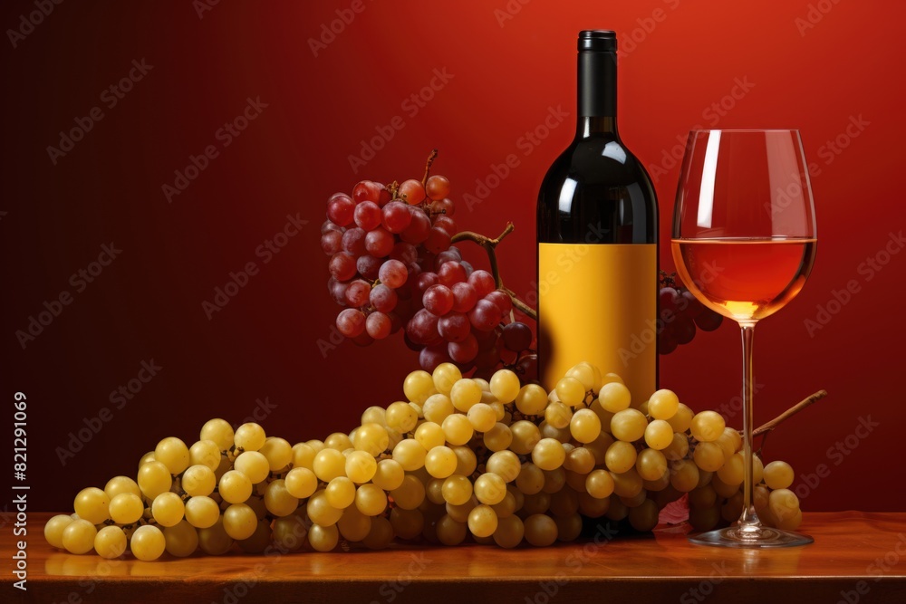 Vertical view of a yellow grape bunch and bottle glass in red background, generative IA