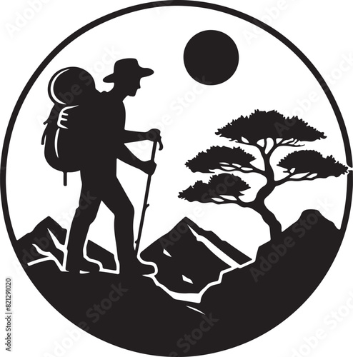 A man is hiking on a mountain ,silhouette vector style and white background.