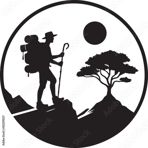 A man is hiking on a mountain ,silhouette vector style and white background.