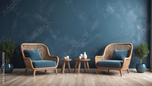 blue armchairs with wooden table on stormy blue boho interior home background © Dhiandra