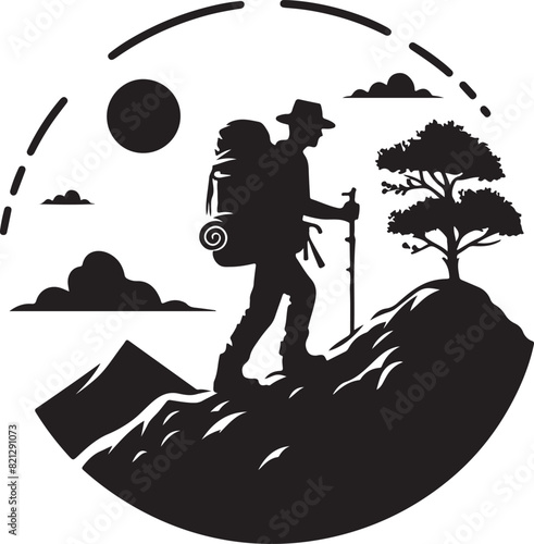A man is hiking on a mountain ,silhouette vector style and white background.