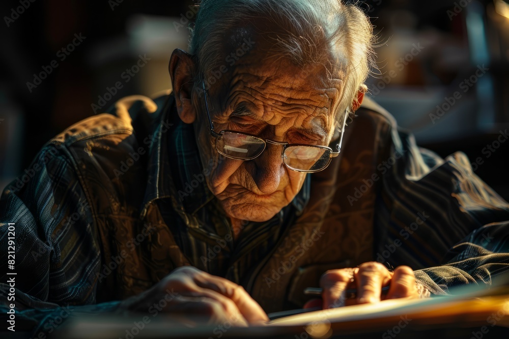Close-Up of Elderly Man, Thoughtful Expression, Warm Indoor