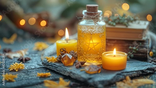 yellow potion bottle with pentacle star ornament, yellow candles and gemstones.  photo