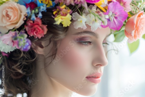 Profile of Woman with Floral Hair Arrangement Outdoors © Ilia Nesolenyi